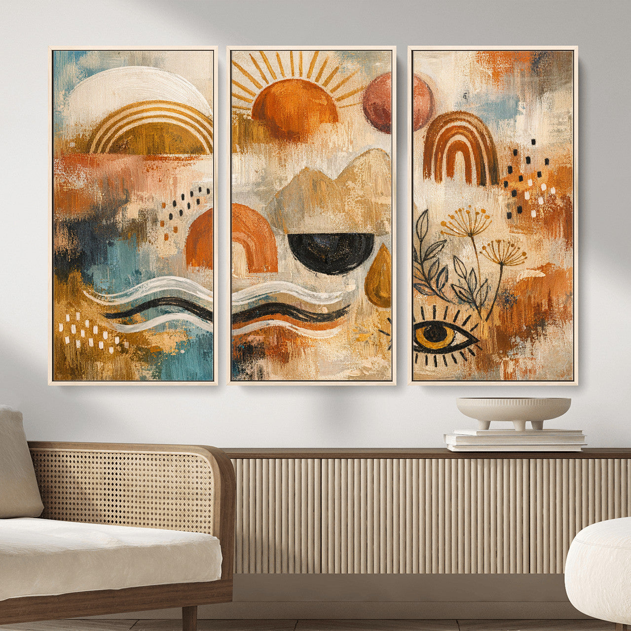52155239-MGV-CV-36X24 - Geometric Boho Abstract Wall Art Canvas Print, Orange Blue Abstract Expressionist Painting Print, Modern Geometric Abstract Canvas Art