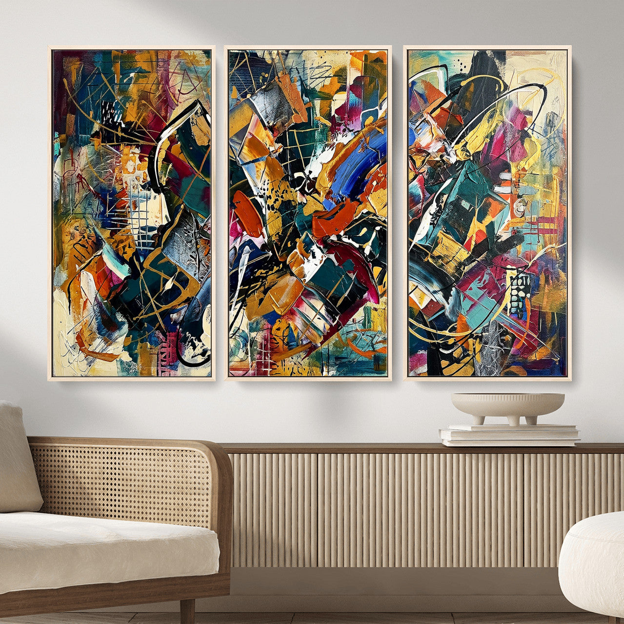 15525527-MGV-CV-36X24 - Geometric Abstract Wall Art Canvas Print, Orange Blue Abstract Expressionist Painting Print, Modern Geometric Abstract Canvas Art