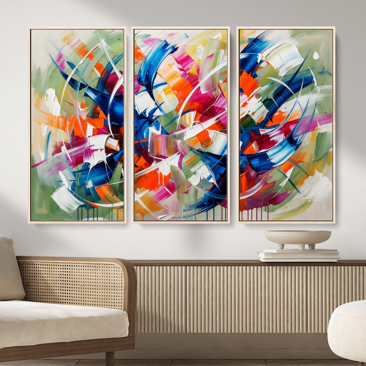 15032888-MGV-CV-36X24 - Geometric Abstract Wall Art Canvas Print, Orange Blue Abstract Expressionist Painting Print, Modern Geometric Abstract Canvas Art
