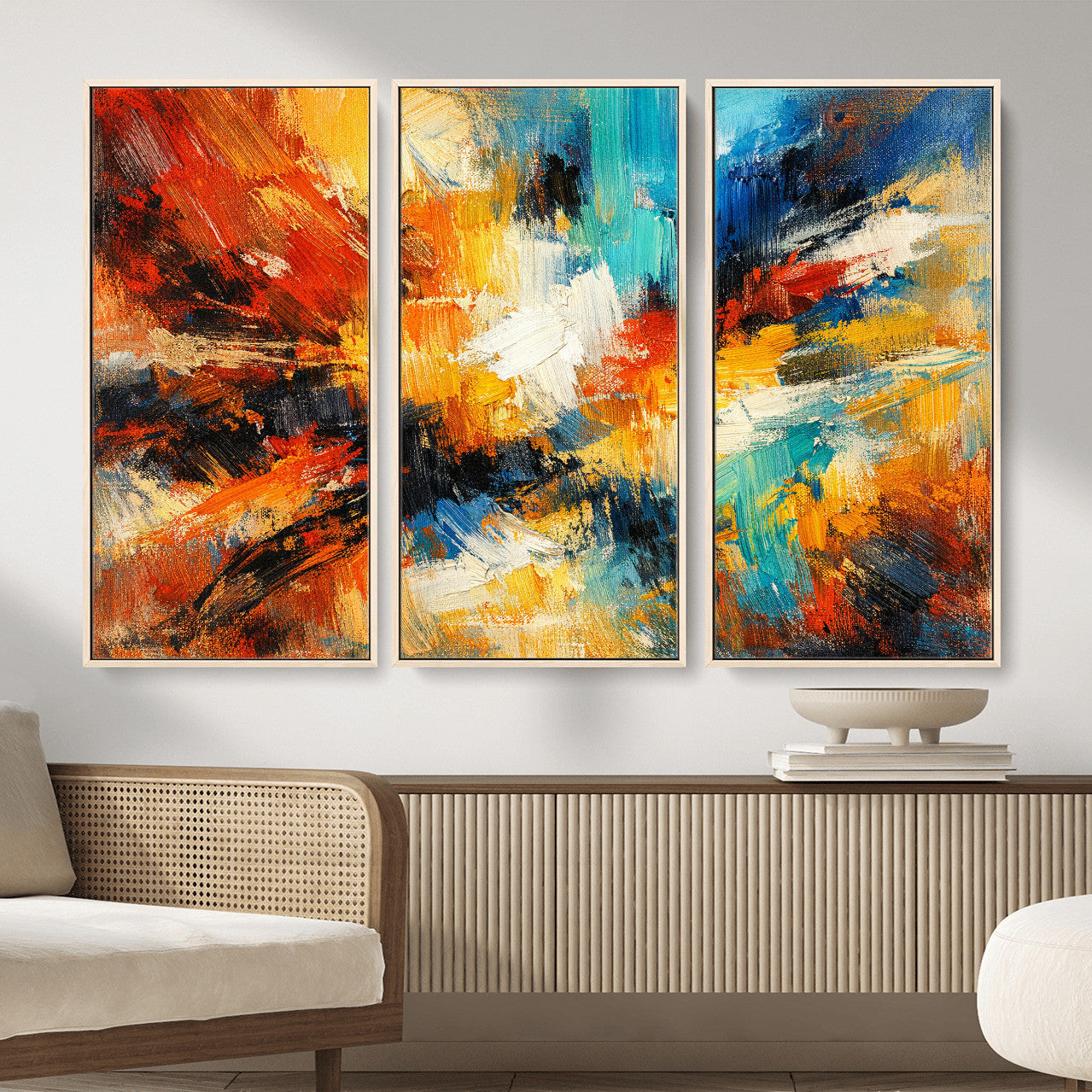 93167583-MGV-CV-36X24 - Geometric Abstract Wall Art Canvas Print, Orange Blue Abstract Expressionist Painting Print, Modern Geometric Abstract Canvas Art