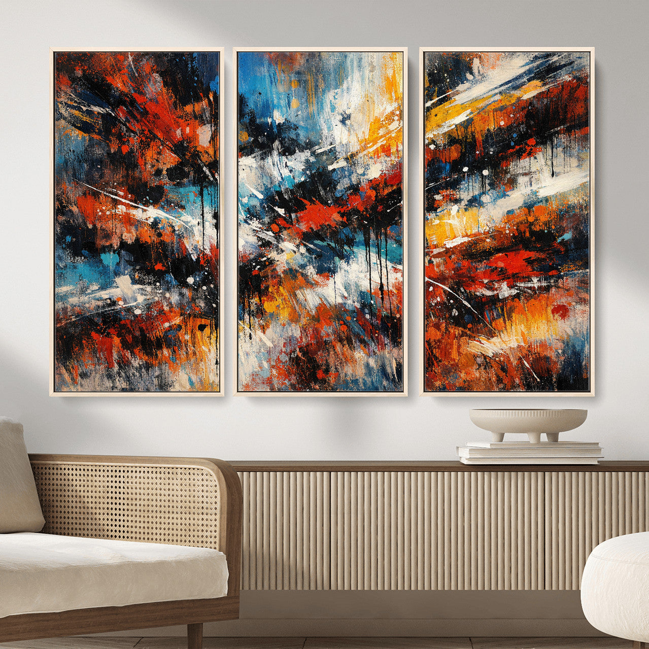 80276069-MGV-CV-36X24 - Geometric Abstract Wall Art Canvas Print, Orange Blue Abstract Expressionist Painting Print, Modern Geometric Abstract Canvas Art