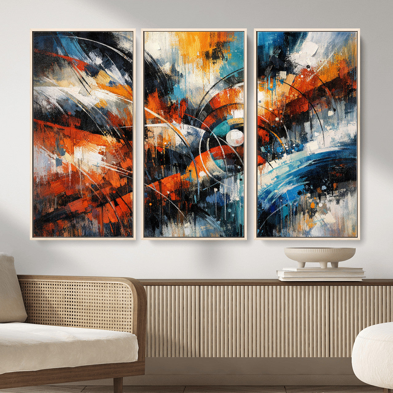 47120691-MGV-CV-36X24 - Geometric Abstract Wall Art Canvas Print, Orange Blue Abstract Expressionist Painting Print, Modern Geometric Abstract Canvas Art