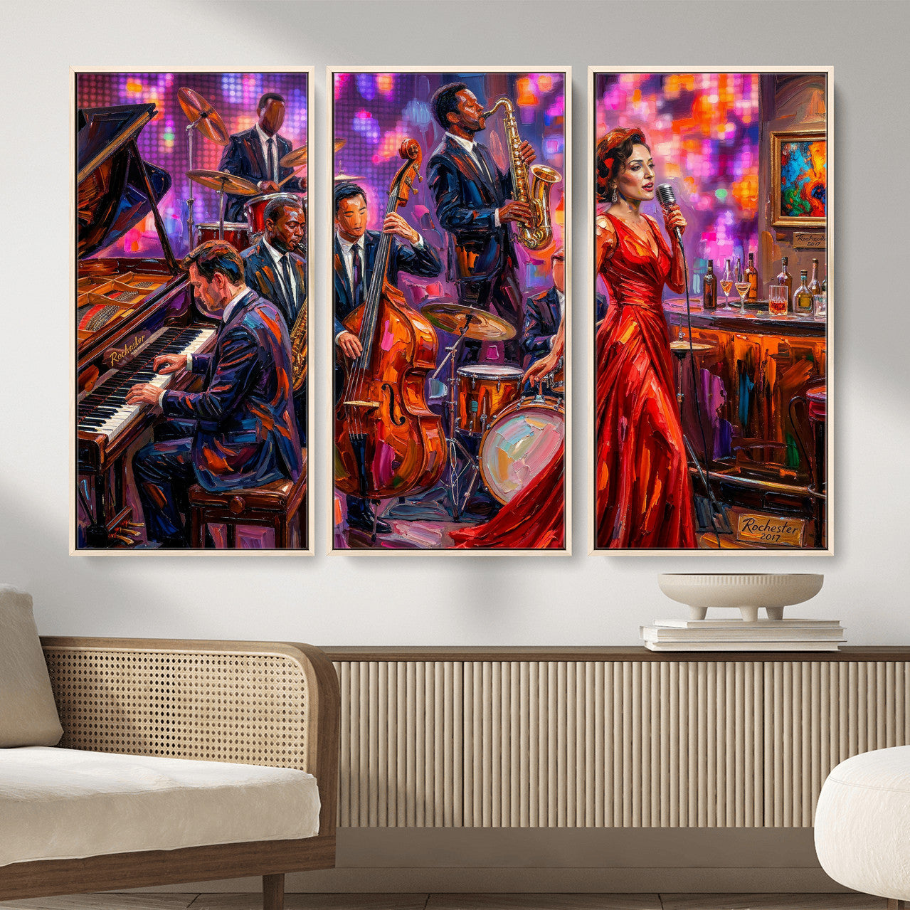 620930J20-MGV-CV-36X24 - Jazz Band Canvas Wall Art — Jazz Club Singer Saxophone Print | Music Wall Decor | Bar Restaurant Art | Music Lover Gift | Jazz Home Decor