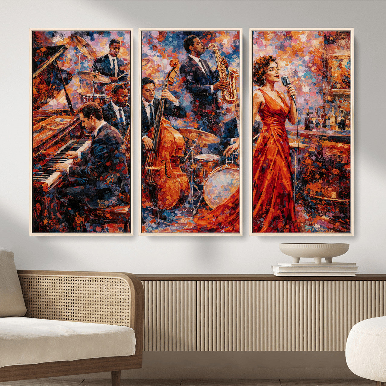 620930SF20-MGV-CV-36X24 - Jazz Band Canvas Wall Art — Jazz Club Singer Saxophone Print | Music Wall Decor | Bar Restaurant Art | Music Lover Gift | Jazz Home Decor