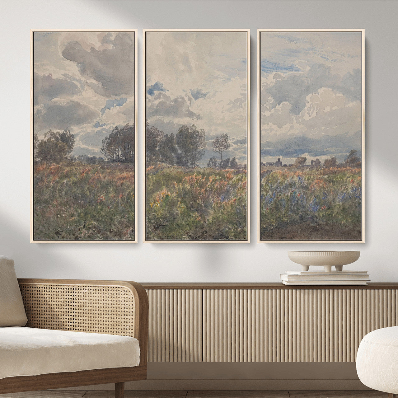 76626885-MGV-CV-36X24 - Vintage Watercolor Meadow Canvas Wall Art — English Pastoral Wildflower Storm Sky Print | Cottagecore Nature Decor | Classic Landscape Gift