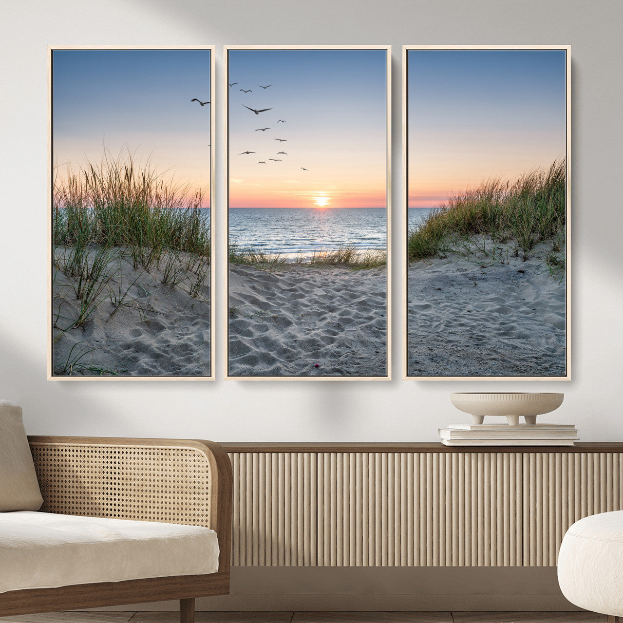 12172032-MGV-CV-36X24 - Sandy Dune Path Sunset Canvas Wall Art — Seagulls Beach Ocean Photography Print | Coastal Home Decor | Nautical Wall Art | Beach House Gift