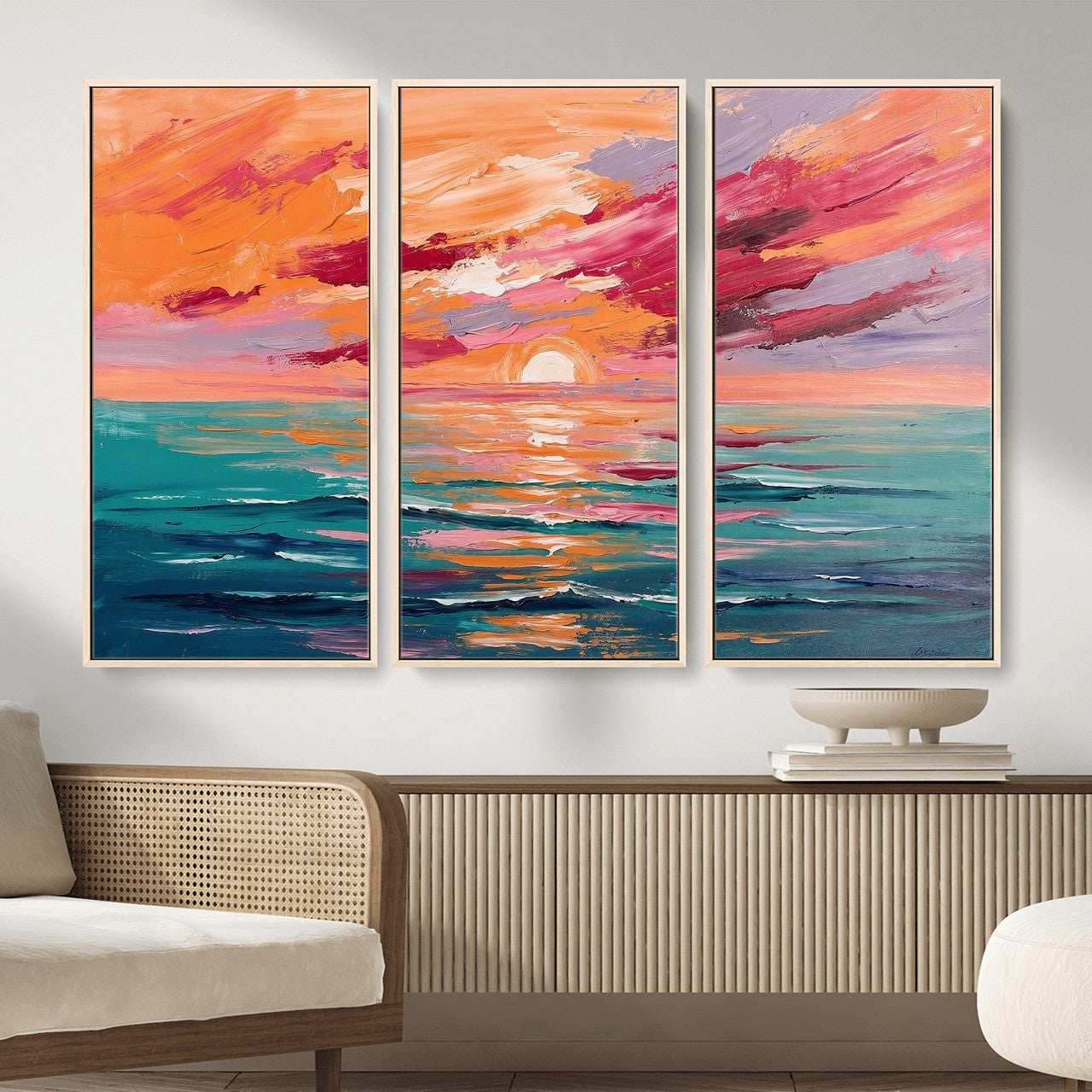 26763902-MGV-CV-36X24 - Bold Palette Knife Ocean Sunset Canvas — Orange Pink Teal Expressionist Sea Print | Colorful Coastal Wall Art | Vibrant Beach Decor Gift