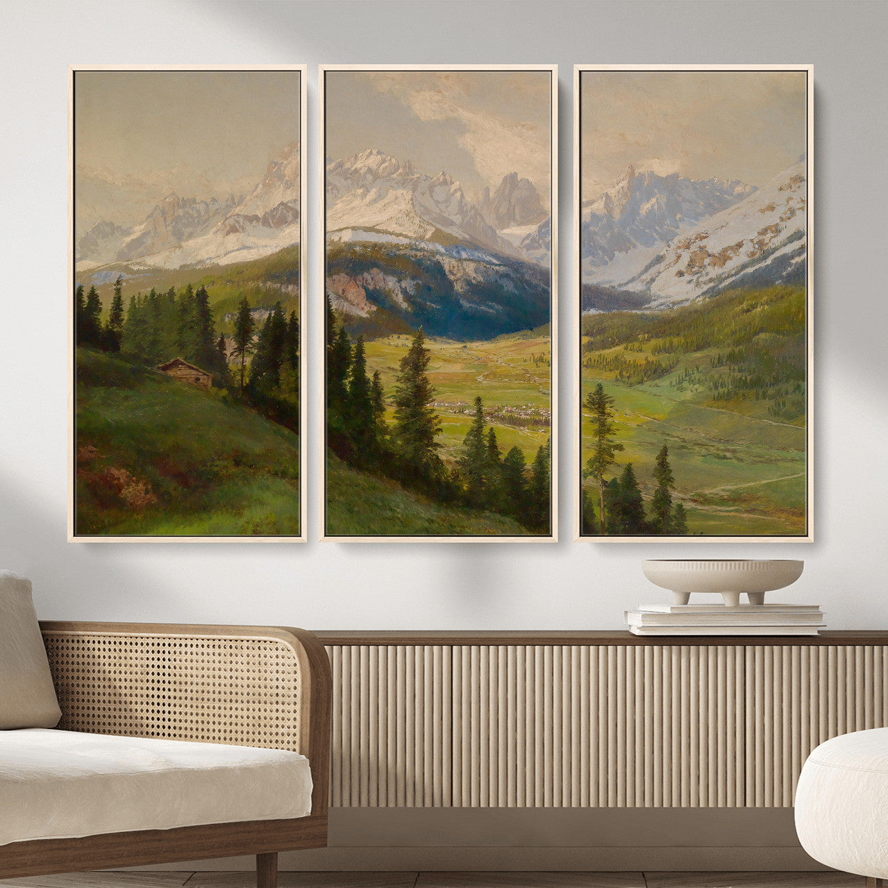 23120262-MGV-CV-36X24 - Konrad Petrides Sexten Village Canvas Print, Alpine Mountain Valley Painting, Dolomites Landscape Art