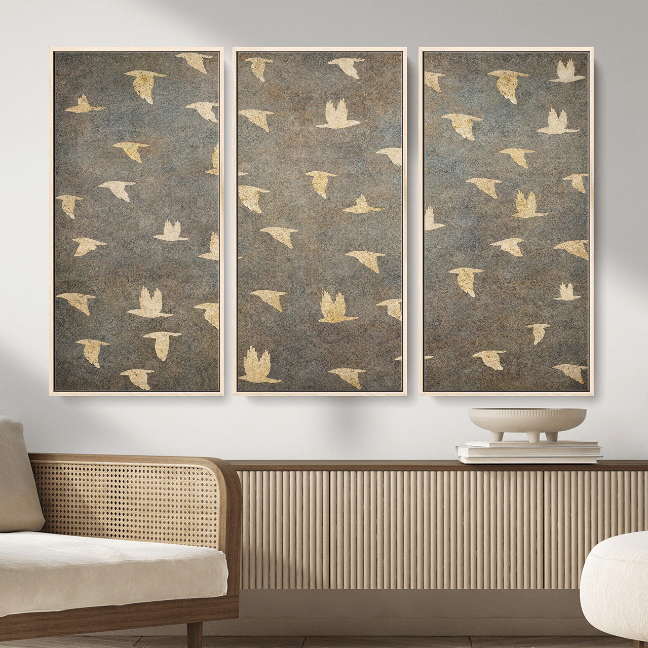 74076164-MGV-CV-36X24 - Flying Birds Canvas Wall Art, Vintage Bird Flock Pattern Print, Grey Gold Abstract Nature Decor, Rustic Bird Silhouette Art, Boho Living Room Decor
