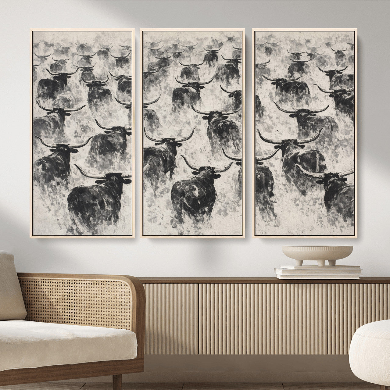 73328525-MGV-CV-36X24 - Texas Longhorn Drawing Canvas Wall Art, Western Cattle Stampede Painting Print, Warm Amber Ranch Decor, Rustic Cowboy Home Art, Large Living Room Decor