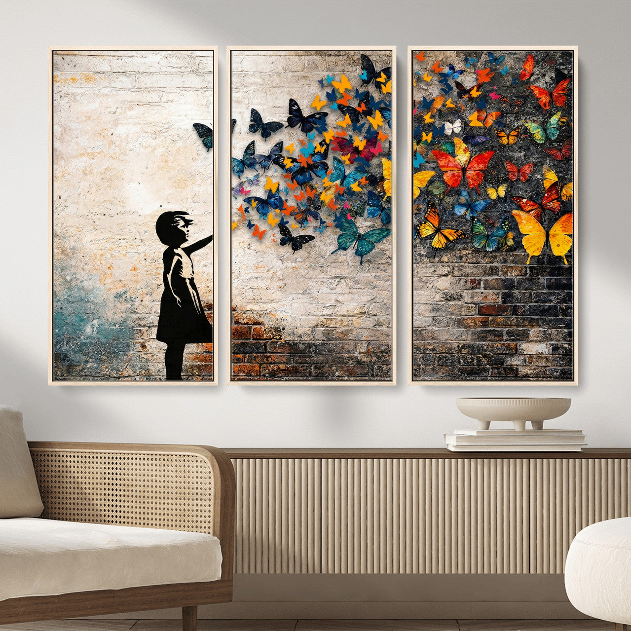 78760384-MGV-CV-36X24 - Banksy Graffiti Butterfly Girl Wall Art Canvas Print, Framed Street Art Canvas Print, Silhouette Butterfly Wall Art for Living Room Bedroom Office