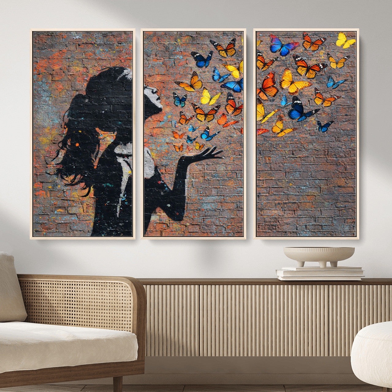 10555939-MGV-CV-36X24 - Urban Banksy Butterfly Girl Wall Art Canvas Print, Framed Street Art Canvas Print, Graffiti Silhouette Butterfly Wall Art for Living Room Bedroom Office