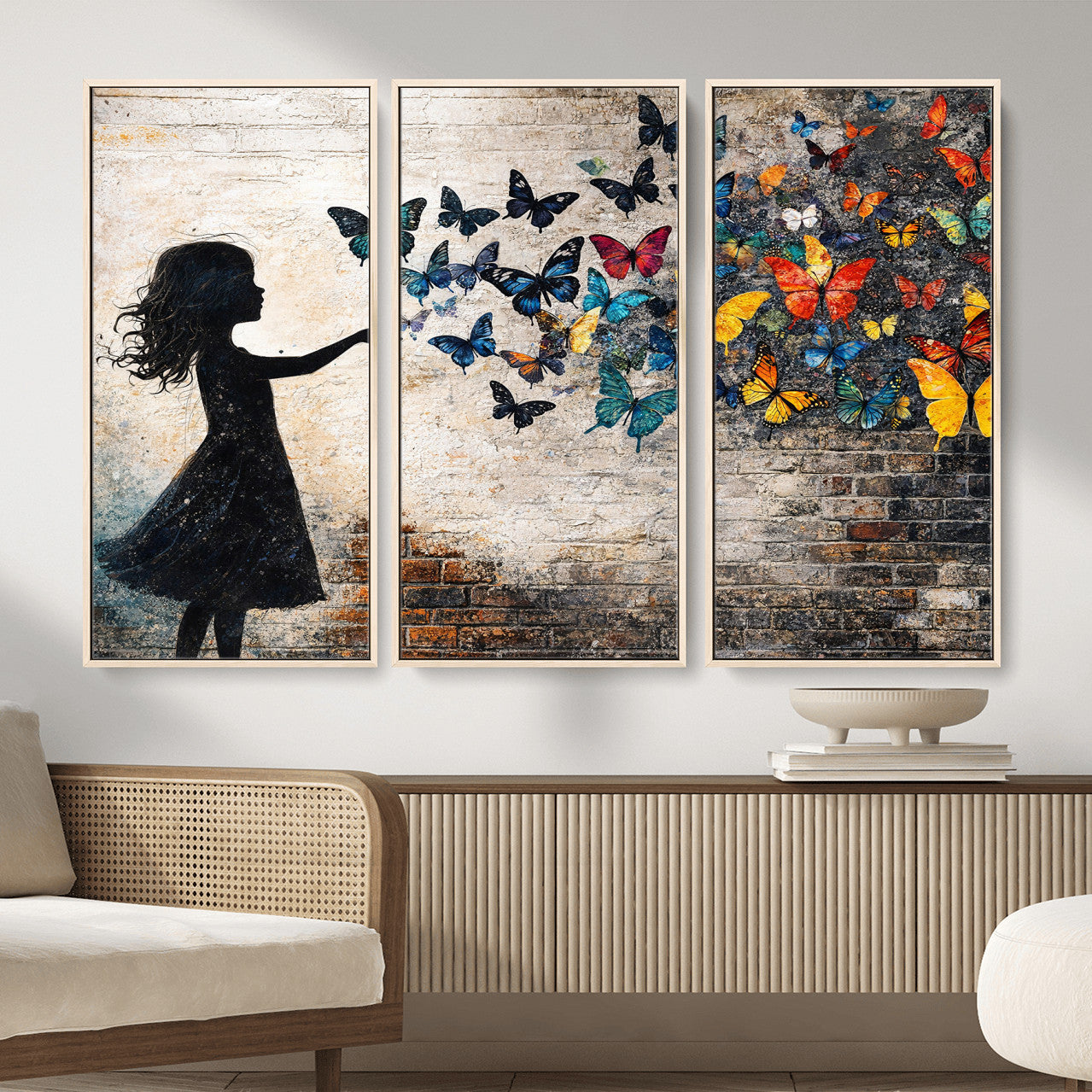 70522594-MGV-CV-36X24 - Banksy Butterfly Girl Wall Art Canvas Print, Framed Street Art Canvas Print, Graffiti Silhouette Butterfly Wall Art for Living Room Bedroom Office