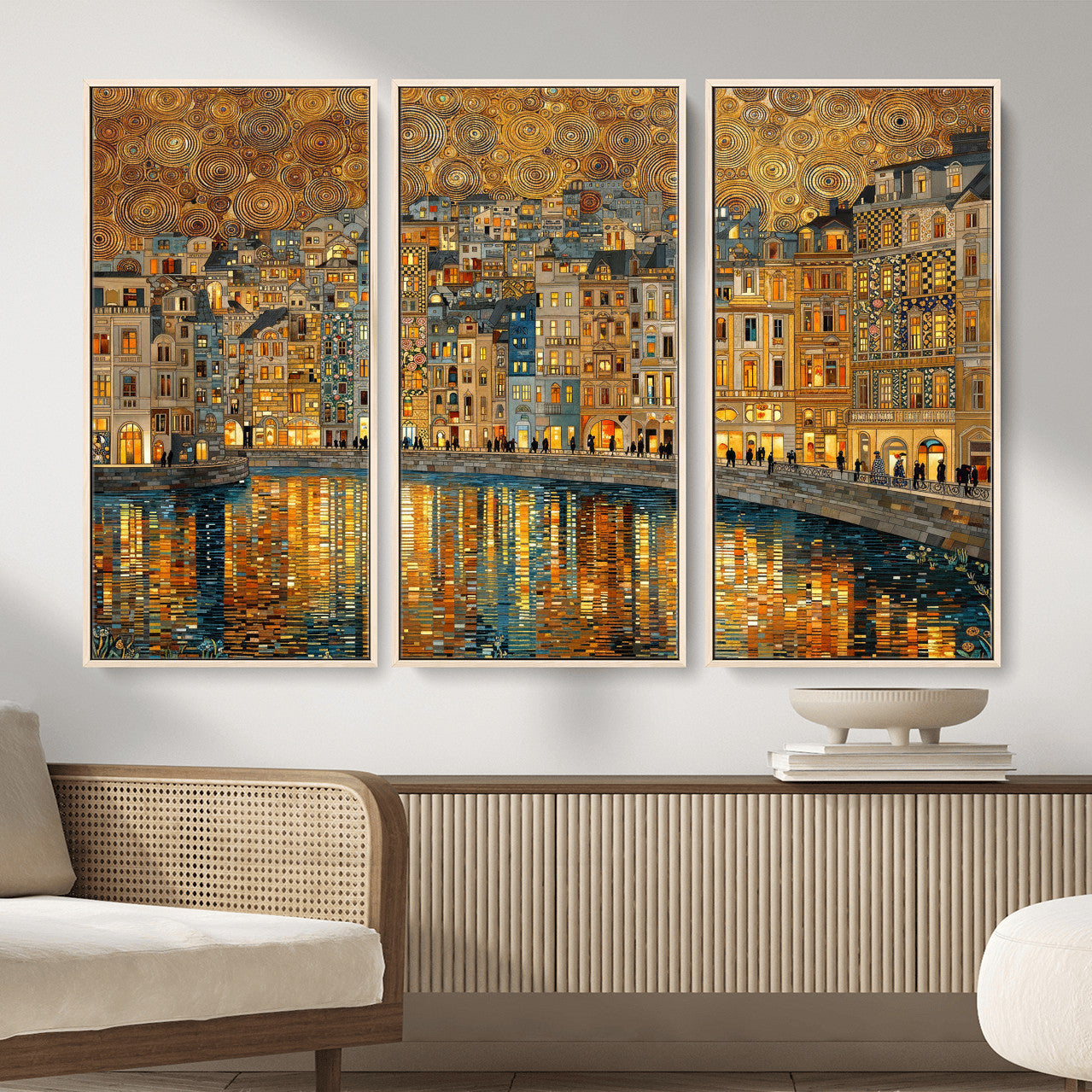94022787-MGV-CV-36X24 - Gustav Klimt Golden Cityscape Wall Art Canvas Print, Framed River Town Landscape Artwork, Ornate Architecture Wall Decor for Living Room Bedroom Office