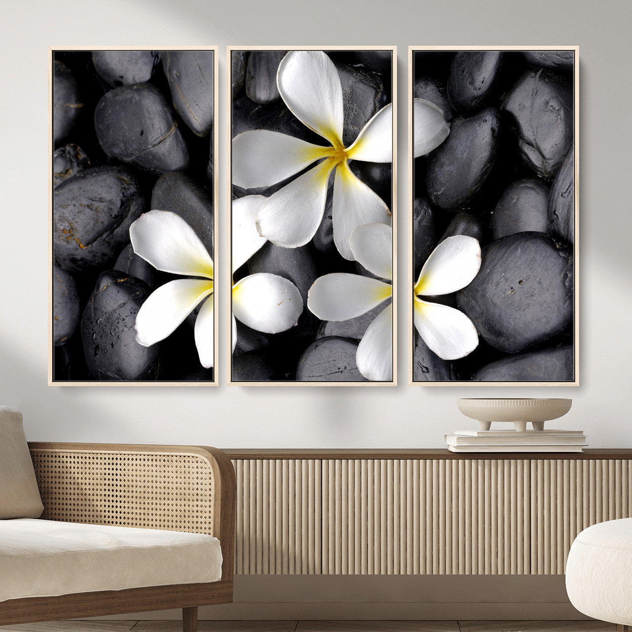 43639613-MGV-CV-36X24 - Plumeria Frangipani Black Stone Canvas | White Flower Spa Photography Print | Tropical Zen Wall Art | Grey Pebble Floral Decor