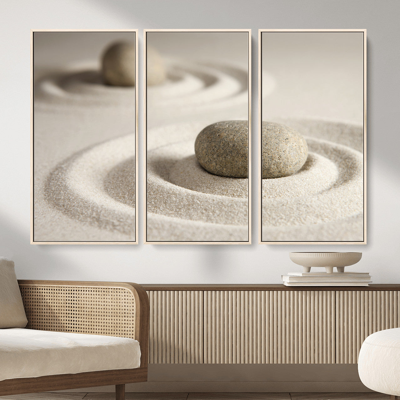 13397966-MGV-CV-36X24 - Zen Garden Stone Sand Canvas | Japanese Rock Garden Wall Art | Minimalist Meditation Print | Neutral Beige Mindfulness Decor
