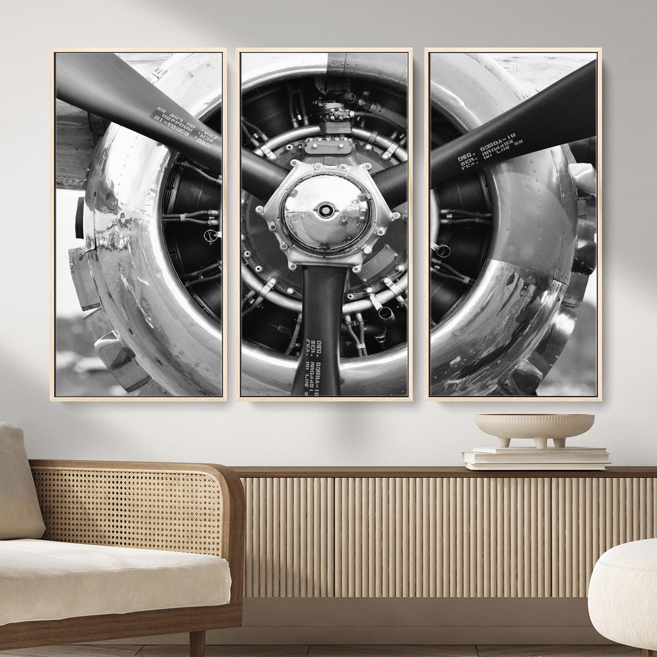 73322230-MGV-CV-36X24 - Vintage Propeller Plane Wall Art Canvas Print, Black and White Airplane Engine Close Up Framed Aviation Artwork for Pilot Office Hangar Decor