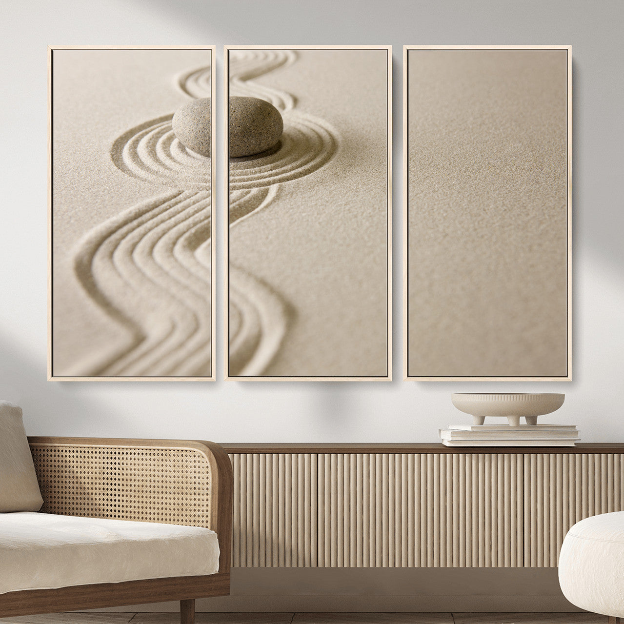 66852661-MGV-CV-36X24 - Zen Garden Stone Sand Canvas | Japanese Rock Garden Wall Art | Minimalist Meditation Print | Neutral Beige Mindfulness Decor