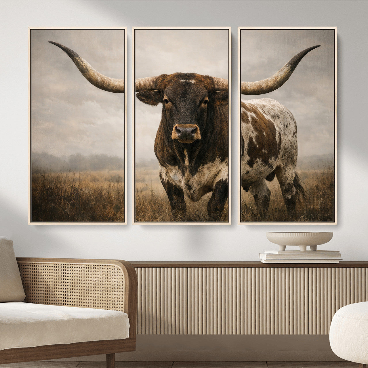 17622011L-MGV-CV-36X24 - Longhorn Bull Wall Art Canvas Print, Western Farmhouse Cowboy Decor, Rustic Texas Ranch Cattle Artwork for Living Room Bedroom Office, Framed Wall Decor