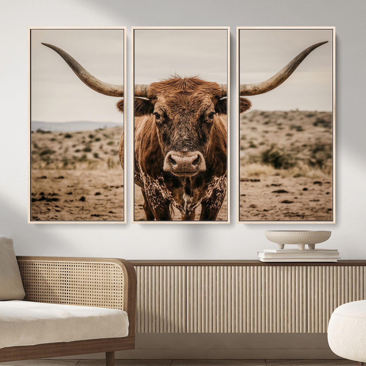 17622011K-MGV-CV-36X24 - Texas Longhorn Bull Wall Art Canvas Print, Western Farmhouse Cowboy Decor, Rustic Texas Ranch Cattle Artwork for Living Room Bedroom Office, Framed Wall Decor