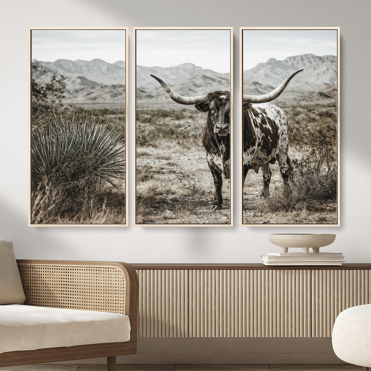 17622011H-MGV-CV-36X24 - Texas Longhorn Bull Wall Art Canvas Print, Western Farmhouse Cowboy Decor, Rustic Texas Ranch Cattle Artwork for Living Room Bedroom Office, Framed Wall Decor