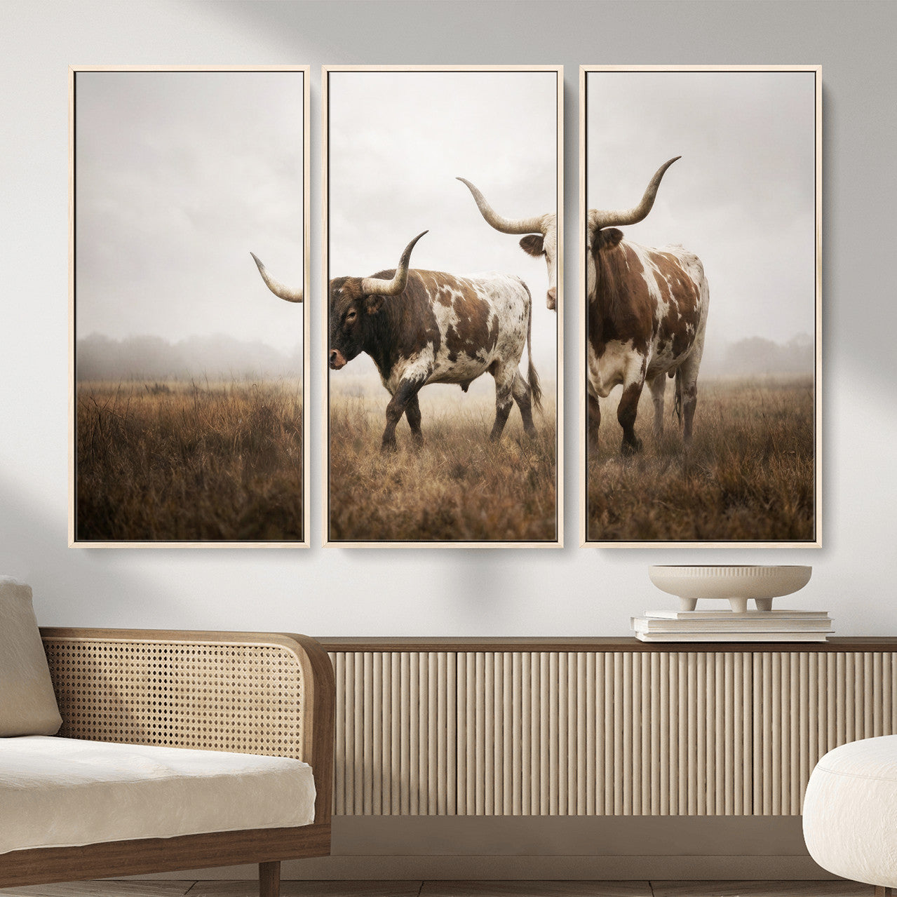 92881702-MGV-CV-36X24 - Texas Longhorn Canvas Wall Art Western Bull Desert Moody Grey Overcast Rustic Farmhouse Framed Large for Living Room Bedroom Office Decor