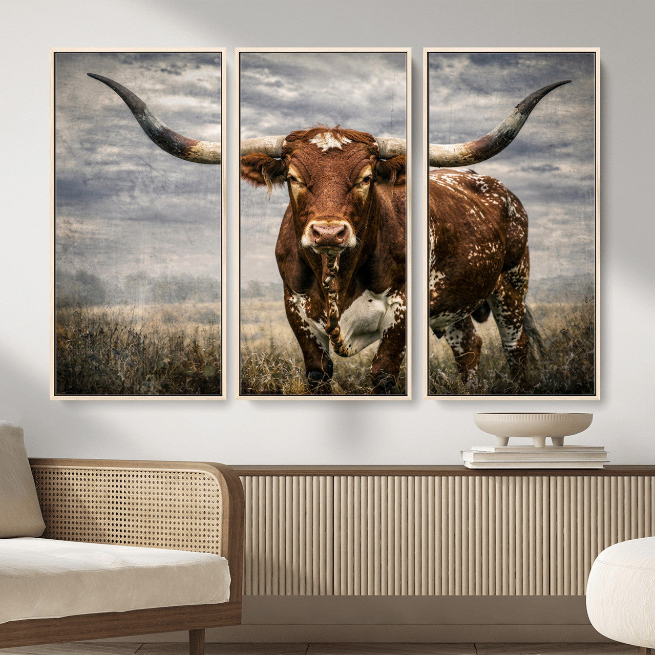 14372769-MGV-CV-36X24 - Texas Longhorn Canvas Wall Art Western Bull Desert Moody Grey Overcast Rustic Farmhouse Framed Large for Living Room Bedroom Office Decor