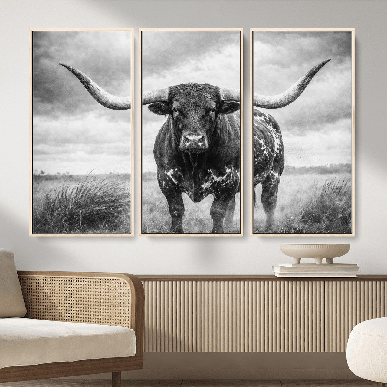 19951238-MGV-CV-36X24 - Texas Longhorn Canvas Wall Art Western Bull Desert Moody Grey Overcast Rustic Farmhouse Framed Large for Living Room Bedroom Office Decor