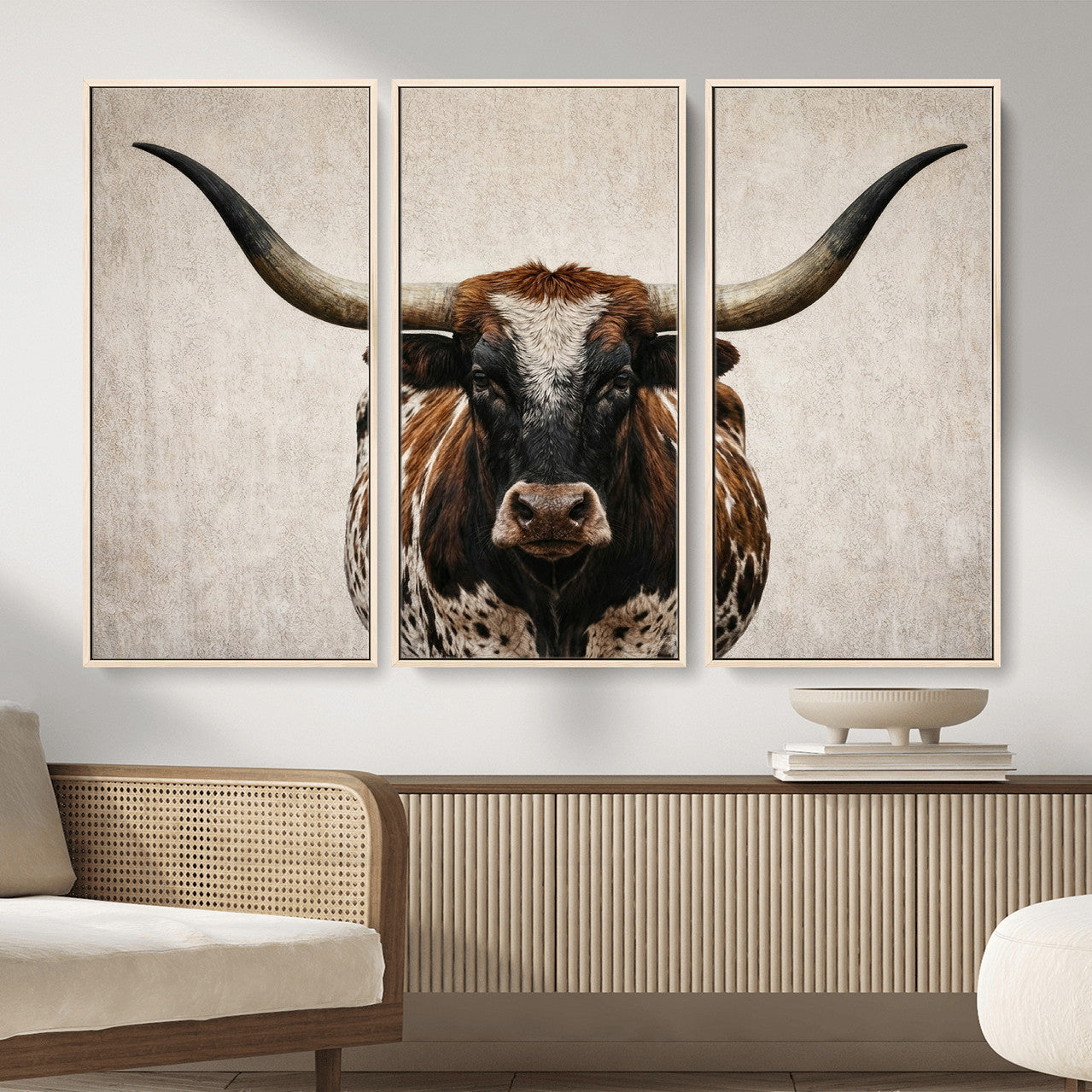 58622065-MGV-CV-36X24 - Texas Longhorn Canvas Wall Art Western Bull Desert Moody Grey Overcast Rustic Farmhouse Framed Large for Living Room Bedroom Office Decor