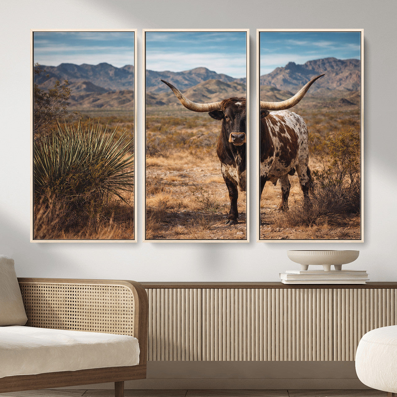 26448918-MGV-CV-36X24 - Texas Longhorn Canvas Wall Art Western Bull Desert Moody Grey Overcast Rustic Farmhouse Framed Large for Living Room Bedroom Office Decor