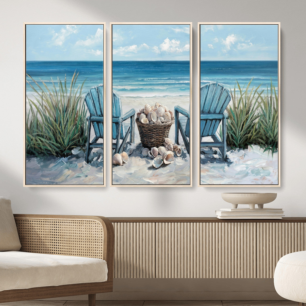 11973028-MGV-CV-36X24 - Beach Canvas Wall Art Coastal Adirondack Chairs Ocean Seashells Blue Nautical Framed Large for Living Room Bedroom Bathroom Decor