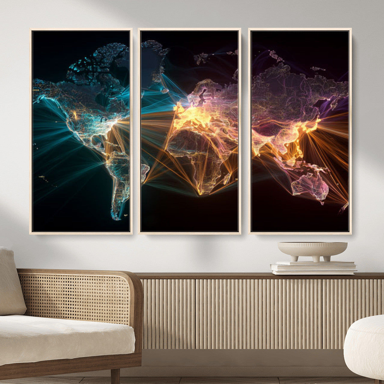 14891737-MGV-CV-36X24 - World Map and Global Flight Routes Map Canvas Wall Art, Worldwide Aviation Network Print, International Air Travel Wall Decor