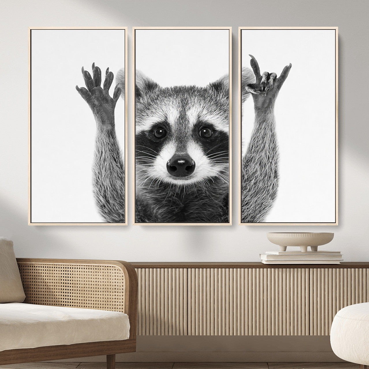 82392228-MGV-CV-36X24 - Funny Raccoon Canvas Wall Art, Black White Hands Up Animal Photo Print, Humorous Wildlife Decor, Kids Room Nursery Art, Quirky Animal Gift