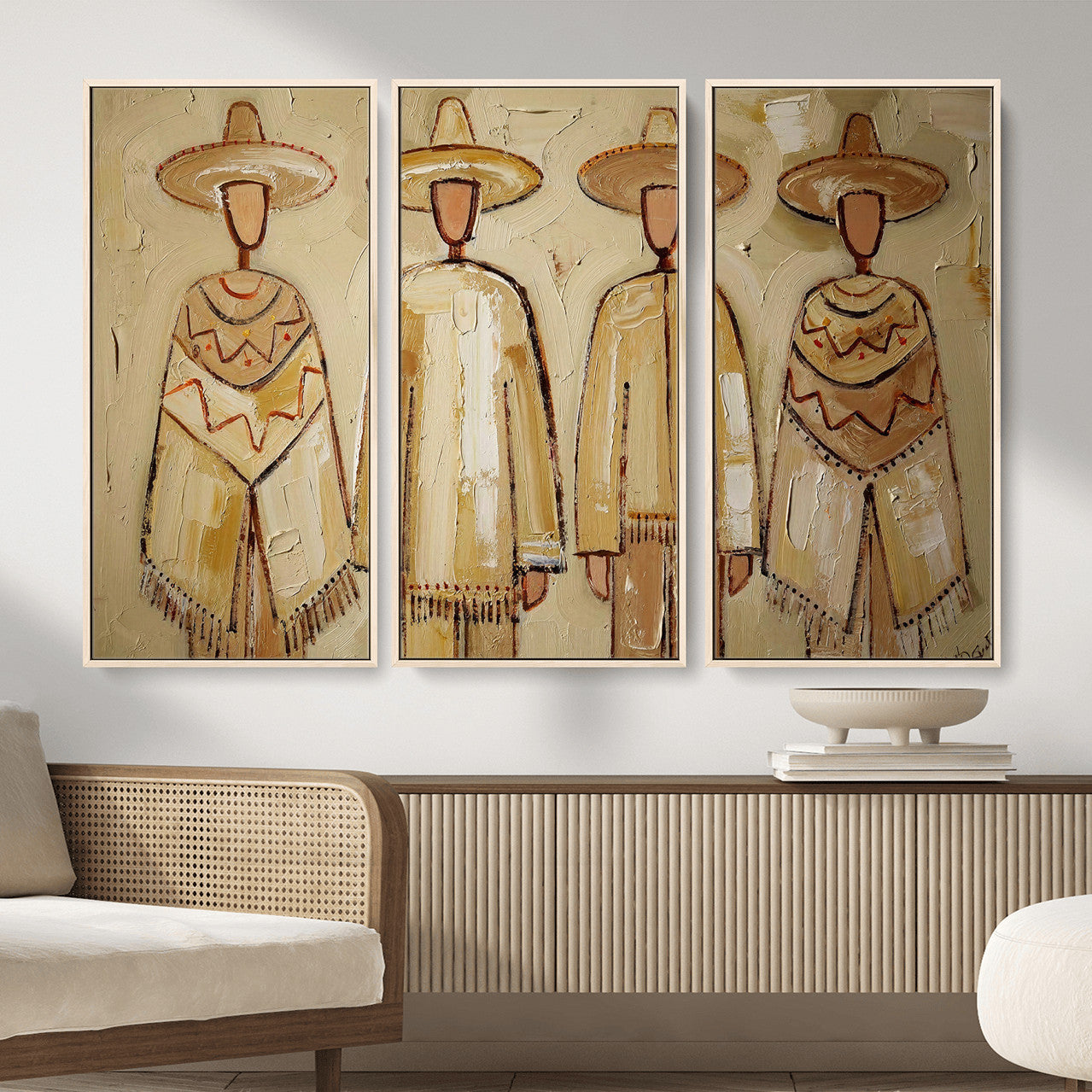 46071653-MGV-CV-36X24 - Mexican Folk Art Canvas Wall Art, Charro Poncho Sombrero Painting Print, Neutral Beige Boho Decor, Southwestern Impasto Style, Living Room Art