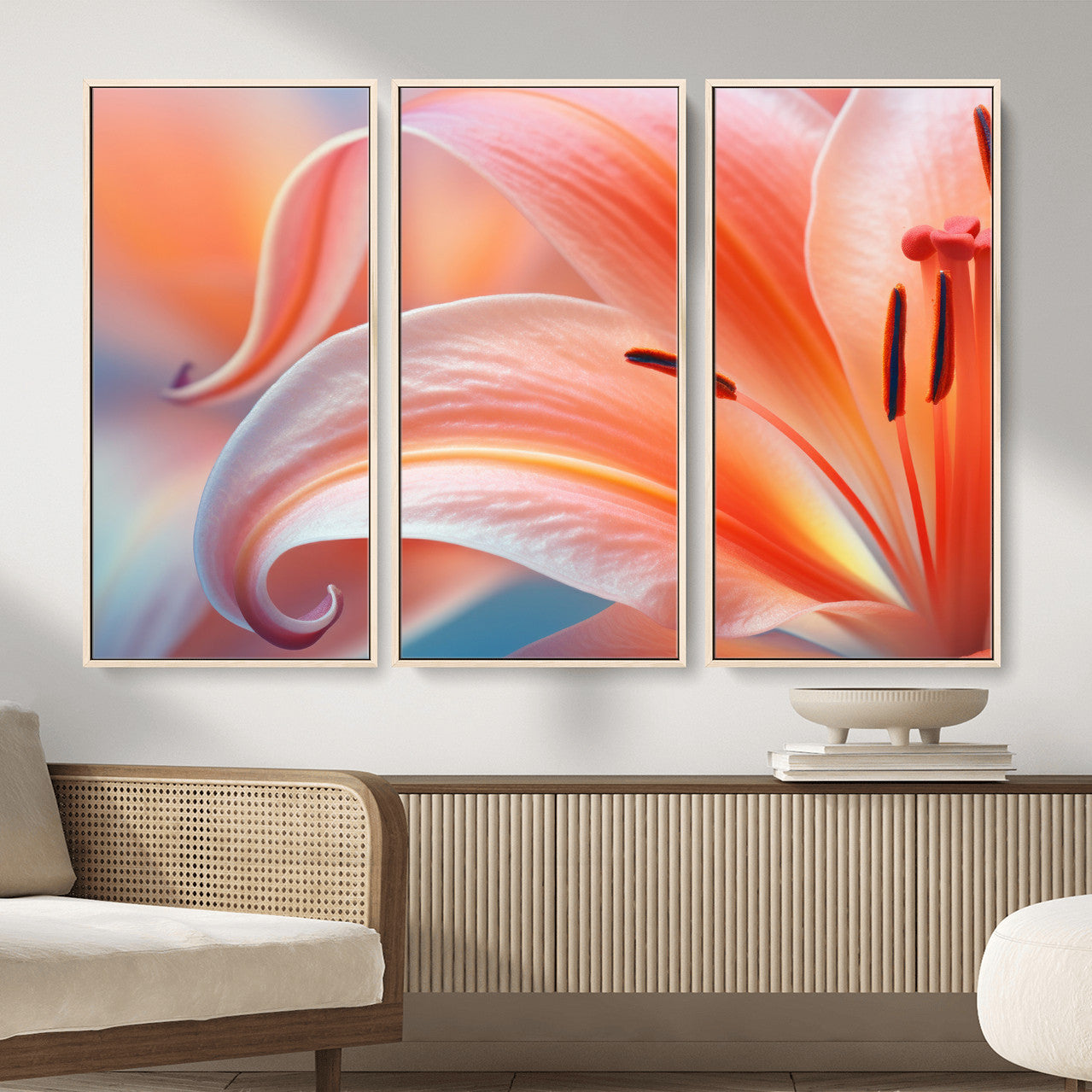 69566231-MGV-CV-36X24 - Peach Lily Canvas Wall Art, Coral Pink Flower Macro Photo Print, Botanical Bedroom Decor, Soft Floral Photography, Living Room Wall Art