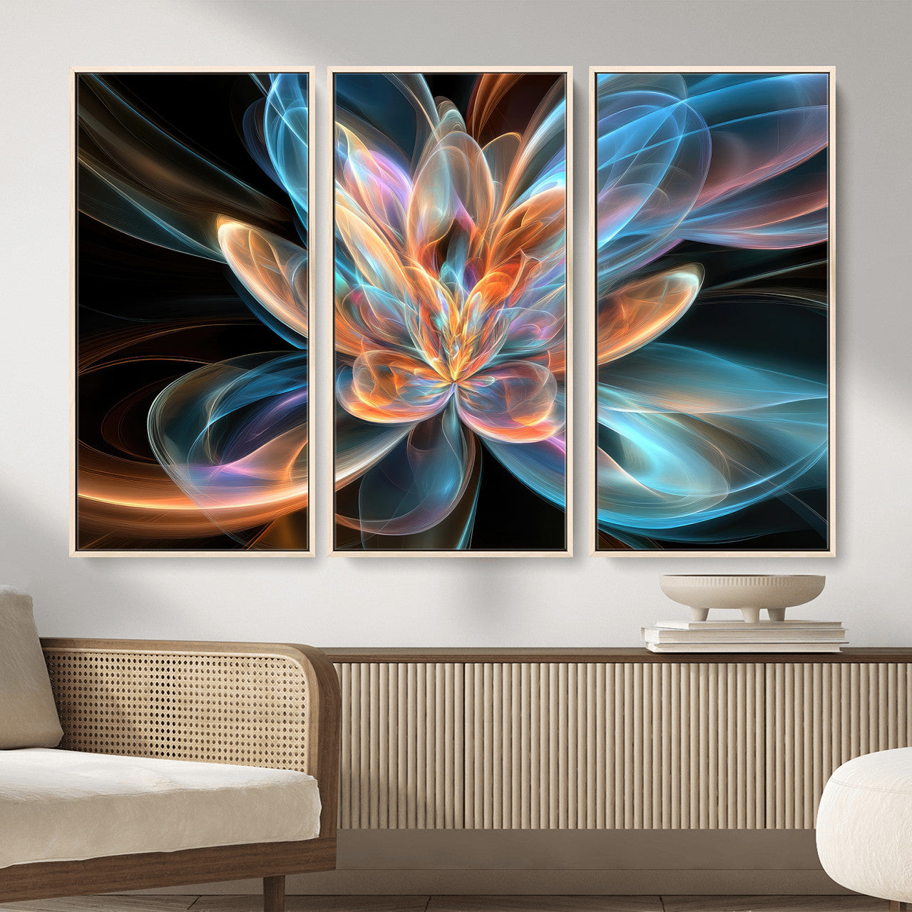 91902283-MGV-CV-36X24 - Fractal Lotus Canvas Wall Art, Blue Orange Glowing Flower Abstract Print, Modern Zen Meditation Room Decor, Ethereal Digital Art, Living Room