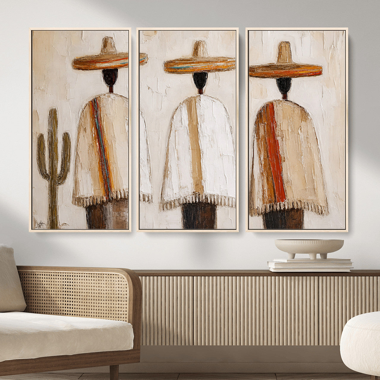 72884785-MGV-CV-36X24 - Mexican Folk Art Canvas Wall Art, Southwestern Sombrero Poncho Painting, Neutral Earthy Boho Decor, Fiesta Living Room Art, Impasto Style Print