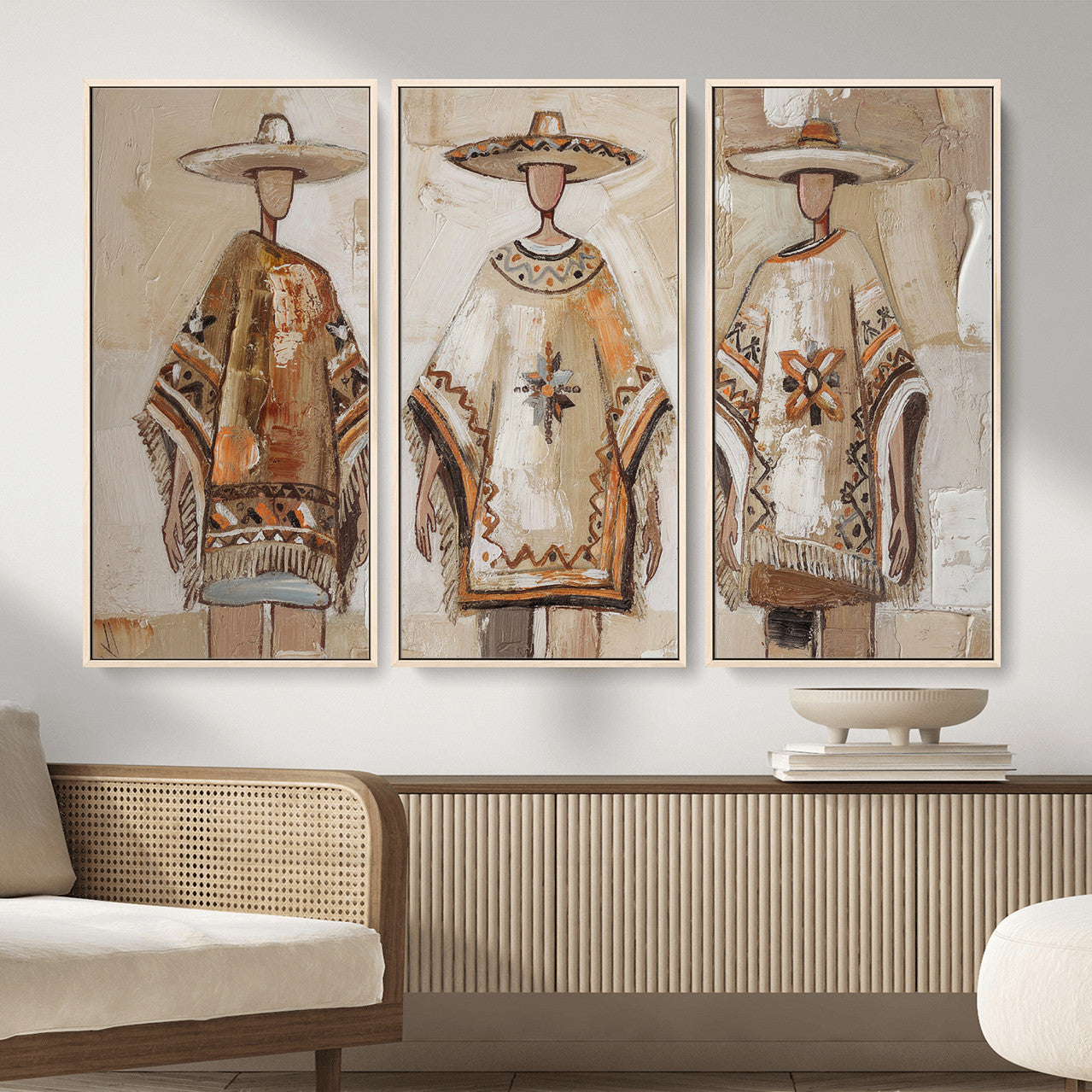 85373290-MGV-CV-36X24 - Mexican Folk Art Canvas Wall Art, Charro Poncho Sombrero Painting Print, Neutral Beige Boho Decor, Southwestern Impasto Style, Living Room Art