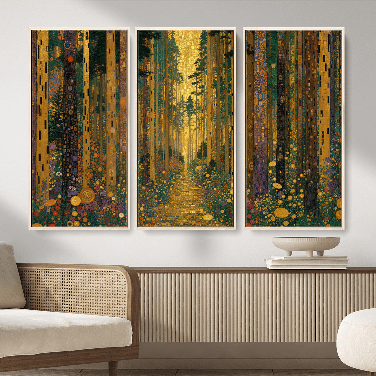 79483321G-MGV-CV-48X32-3P - Gustav Klimt Style Forest Canvas Wall Art, Golden Forest Path Floral Art Nouveau Print, Enchanted Woodland Decor