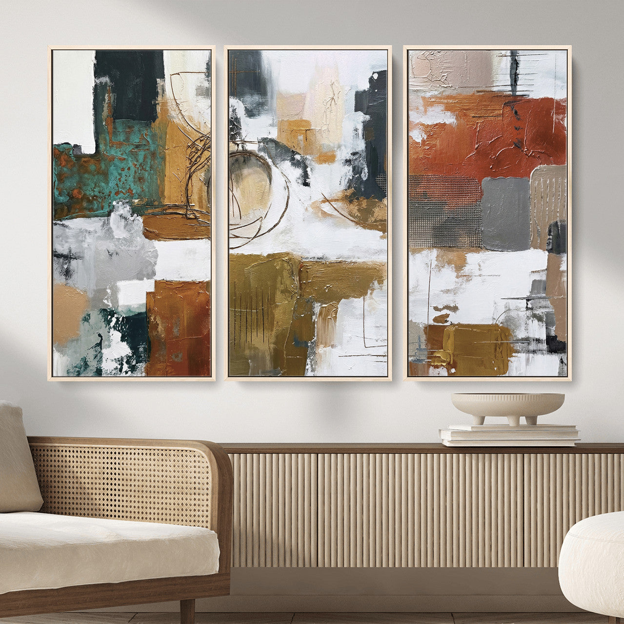 50720312-MGV-CV-36X24 - Blue Teal Abstract Canvas Wall Art, Modern Textured Painting Print, Navy Orange White Contemporary Art, Neutral Living Room Decor, Office Art