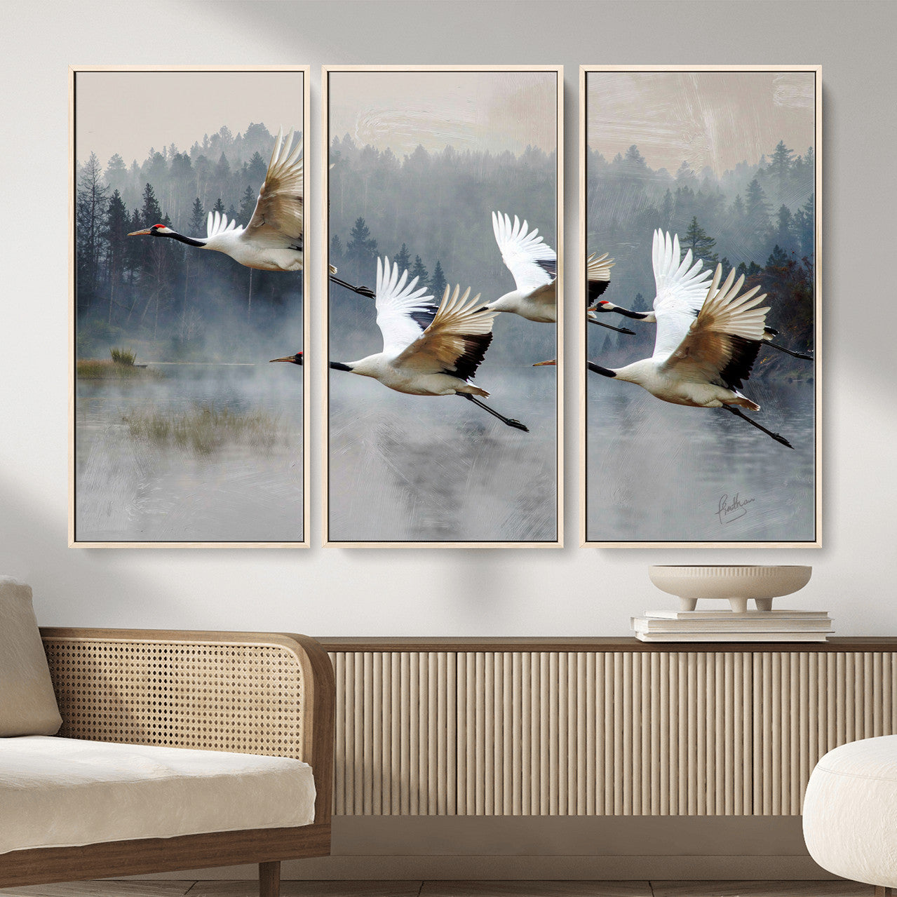 24356826-MGV-CV-36X24 - Flying Crane Canvas Wall Art Print, White Crane Bird Artwork, Wildlife Nature Decor, Lake Landscape Canvas, Ready to Hang