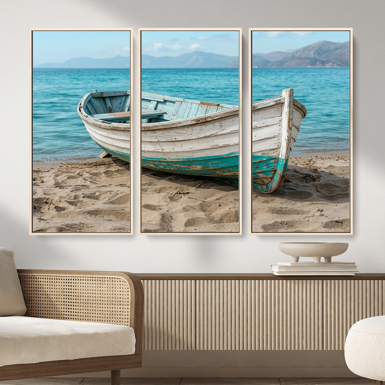 49963709-MGV-CV-36X24 - Coastal Boat Canvas Wall Art Print, Beach Boat Painting, Nautical Ocean Decor, Seascape Wall Art, Ready to Hang