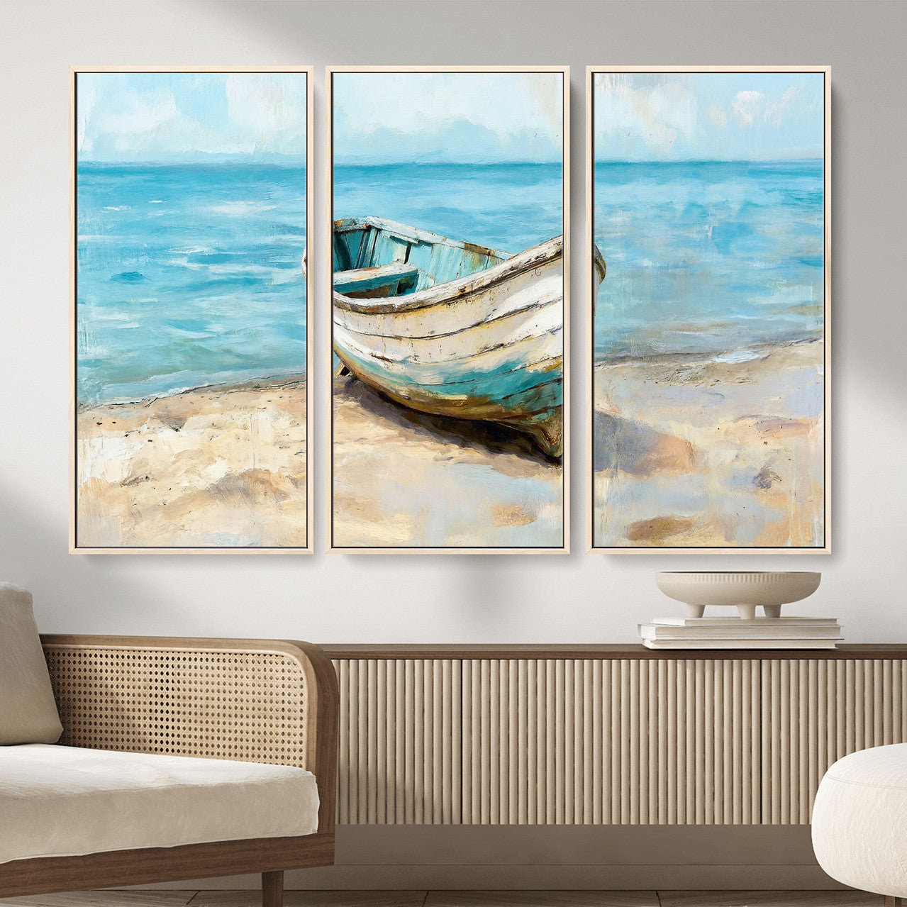 14780565-MGV-CV-36X24 - Coastal Boat Canvas Wall Art Print, Beach Boat Painting, Nautical Ocean Decor, Seascape Wall Art - Ready to Hang