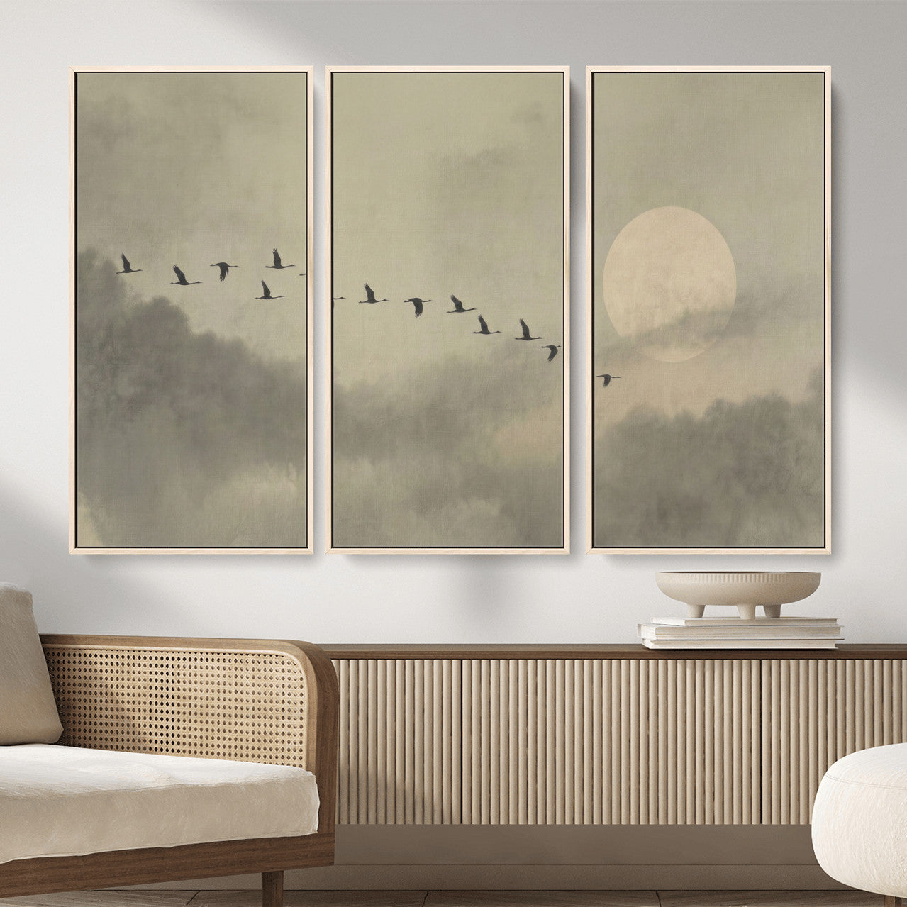 12098149-MGV-CV-36X24 - Flock of Birds Flying to Full Moon Wall Art Canvas Print - Vintage Surreal Clouds Painting
