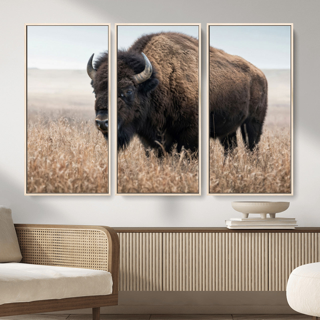 81029583-MGV-CV-36X24 - American Bison in Prairie Field Wall Art Canvas Print - Rustic Wildlife Photography
