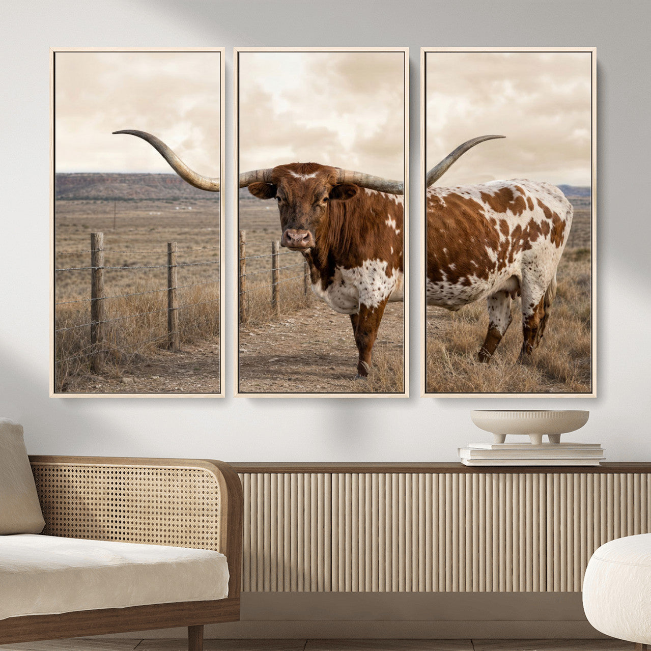 22808364-MGV-CV-36X24 - Texas Longhorn Cattle in Desert Pasture Wall Art Canvas Print - Rustic Western Decor