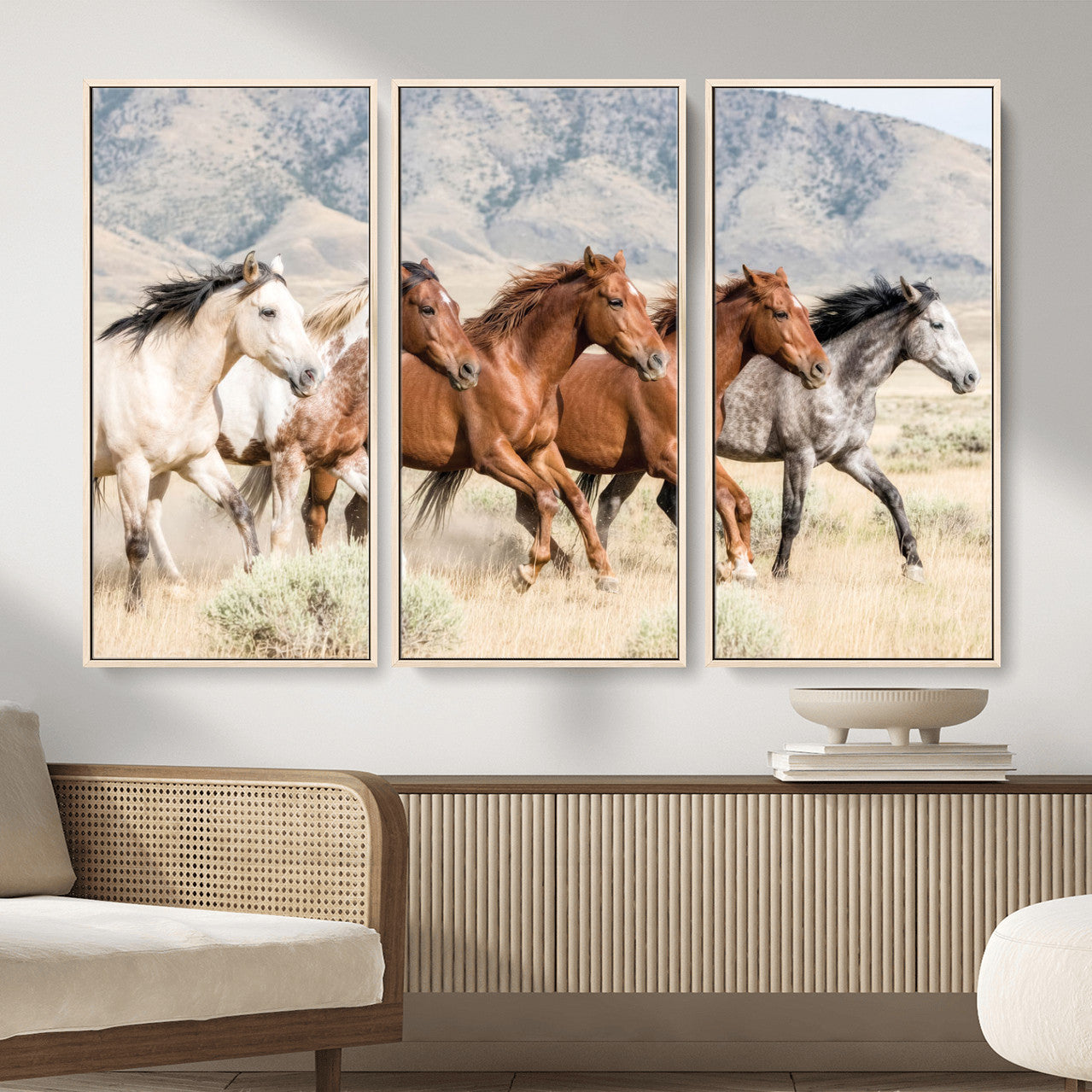 68345893-MGV-CV-36X24 - Five Mustangs Running Wild in Mountain Valley Wall Art Canvas Print - Rustic Western Decor