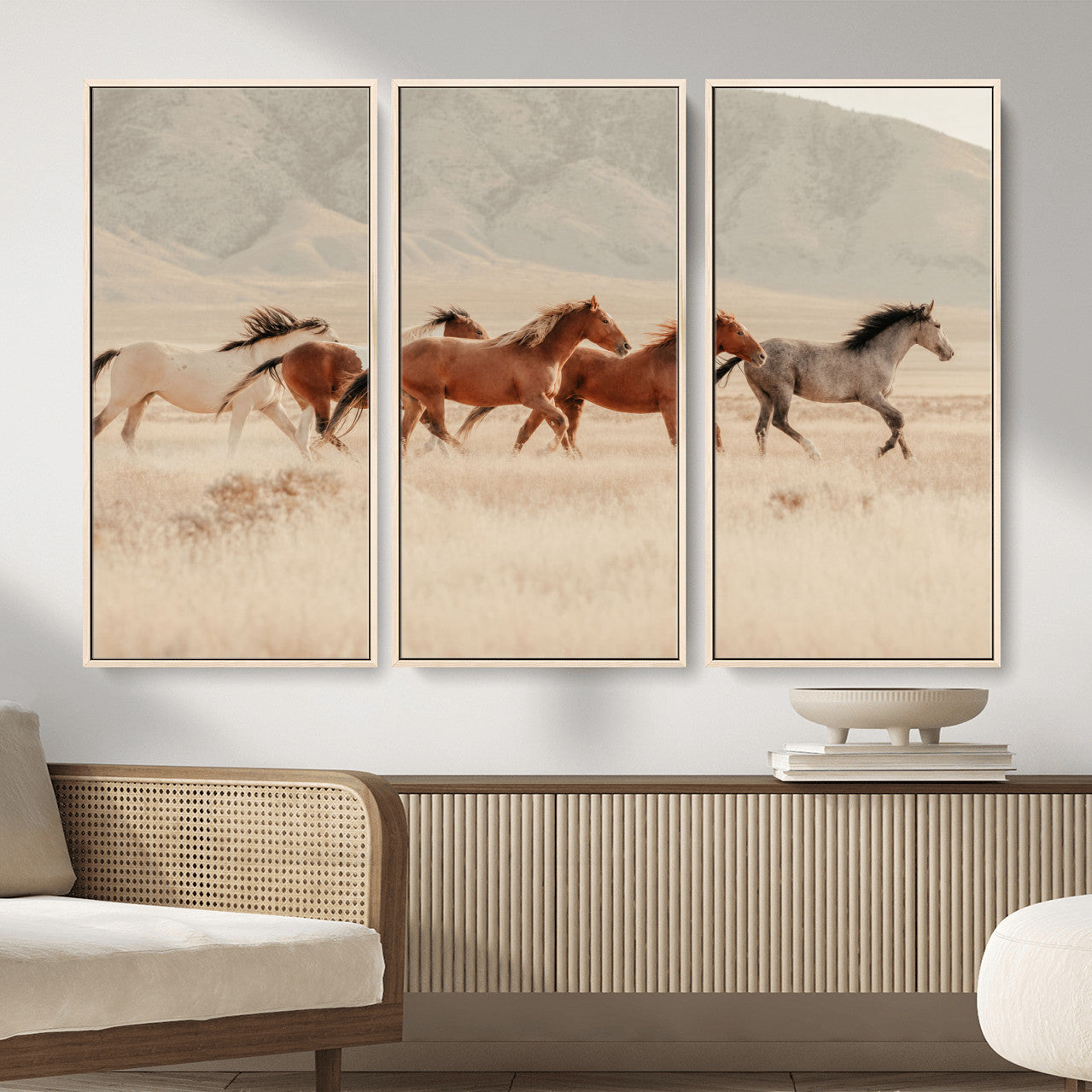 43348446-MGV-CV-36X24 - Herd of Wild Horses Running in Desert Mountain Wall Art Canvas Print - Boho Western Landscape