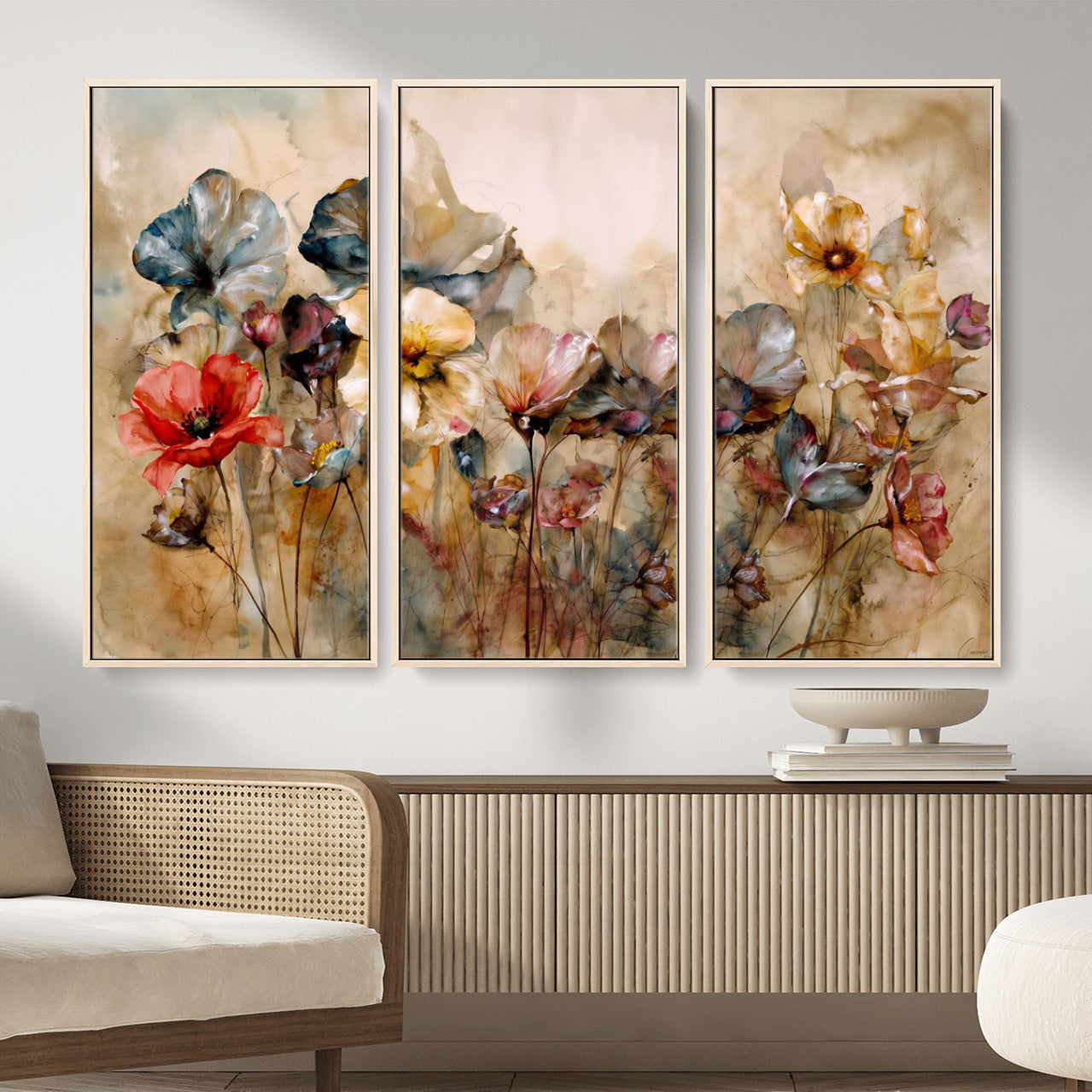 11407233-MGV-CV-36X24 - Vintage Dried Floral Meadow Wall Art Canvas Print, Translucent Watercolor Flowers Painting Print