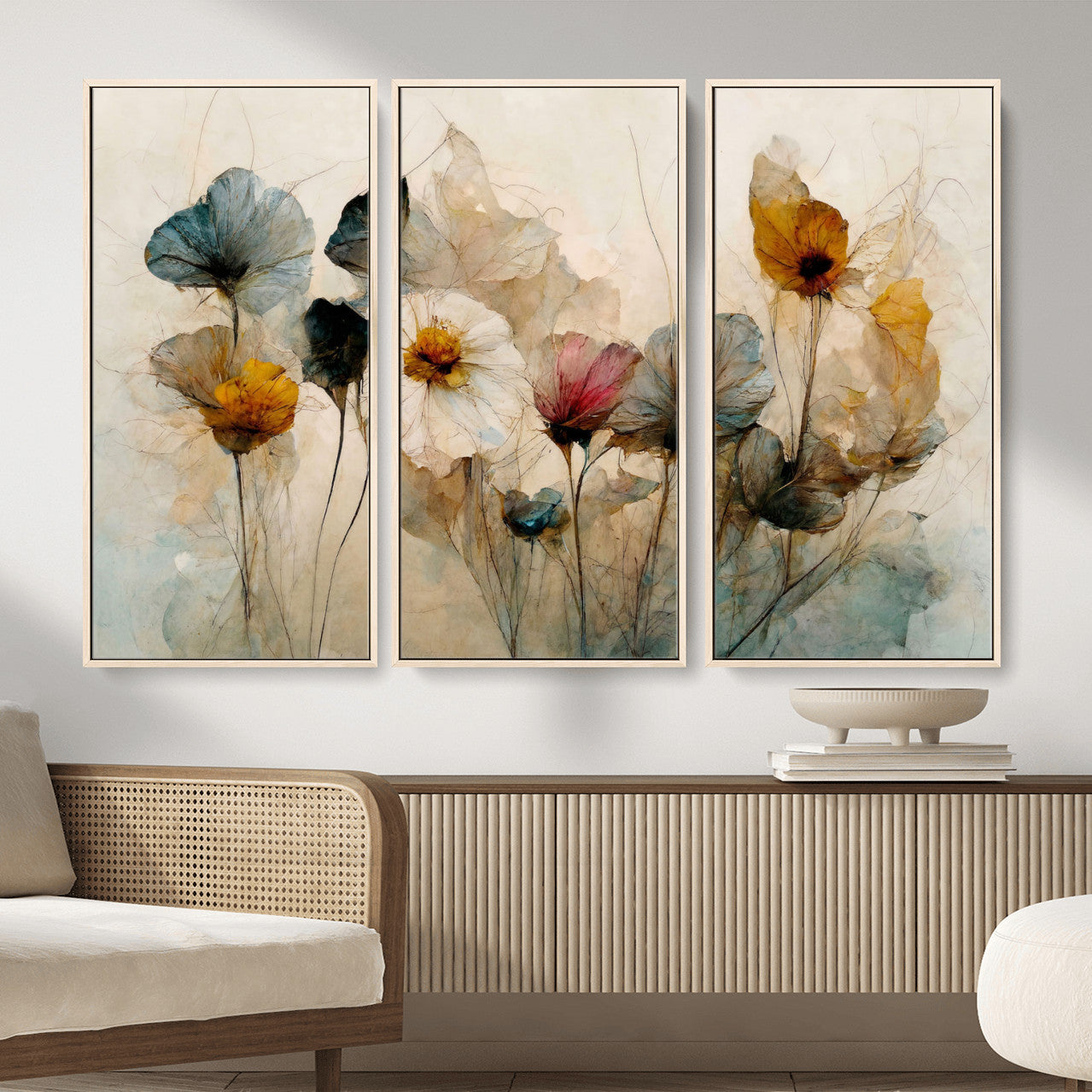 86802229-MGV-CV-36X24 - Vintage Dried Floral Meadow Wall Art Canvas Print, Translucent Watercolor Flowers Painting Print